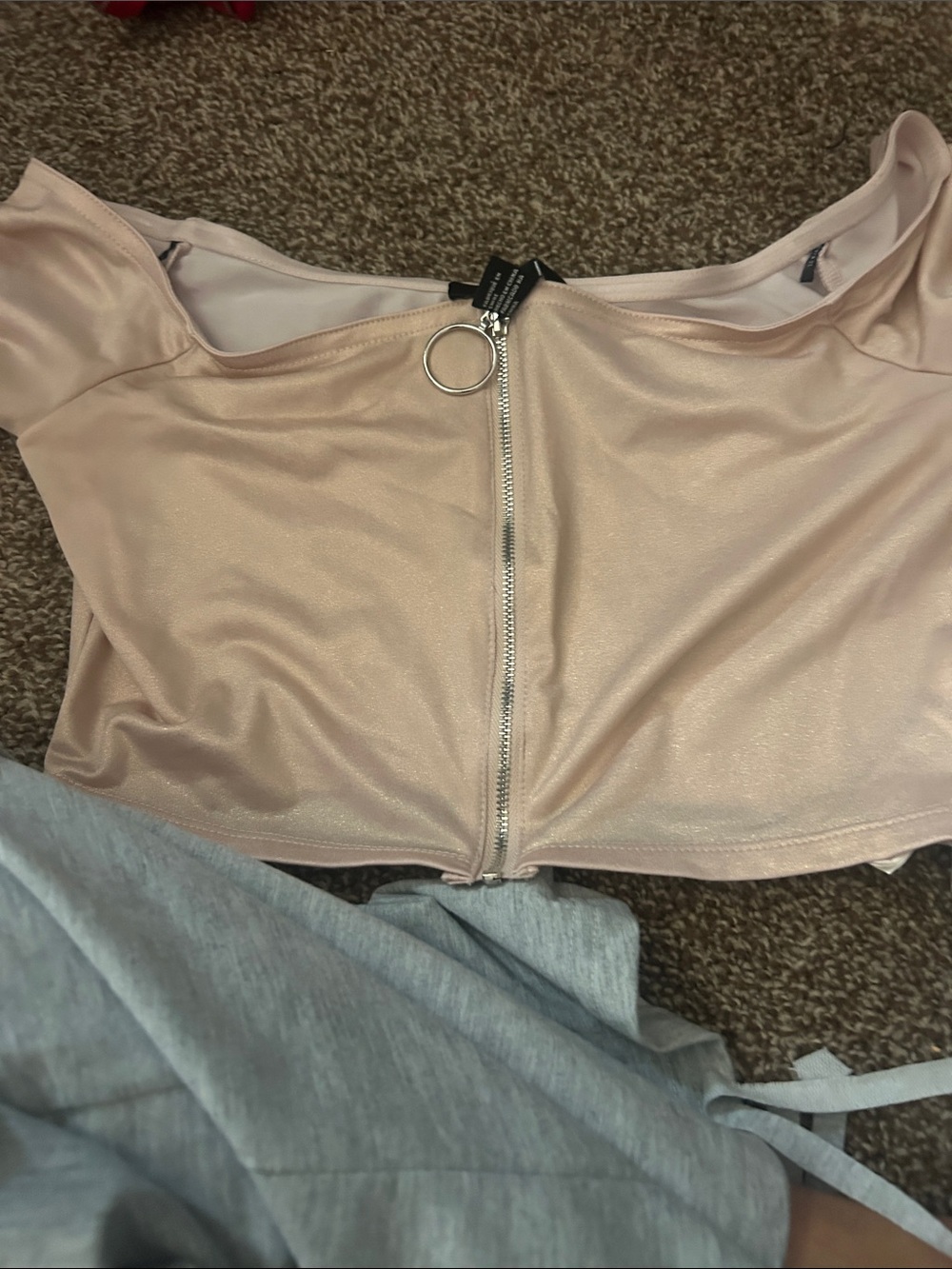 Forever 21 Blush Pink Off-Shoulder Zip Crop Top